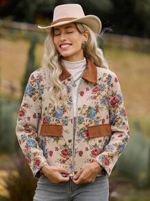 LanaWest 女士花卉印花拉链前休闲宽松夹克秋冬季