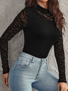 SHEIN Privé Geo Nätinslag Axelfri och Ärm Ribbstickad Bodysuit - Svart - Visa 4