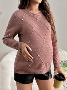 SHEIN Suéter tejido de maternidad, jerséy holgado de cuello redondo cálido y casual para mujeres embarazadas, otoño/invierno