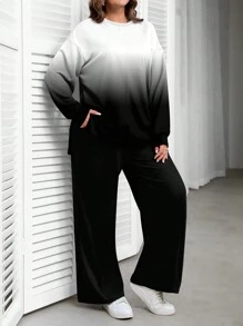 EMERY ROSE Casual Minimalist Ombre Black & White Pattern Loose Fit Crew Neck Long Sleeve Sweatshirt Set, Suitable For Autumn/Winter - White - View 4