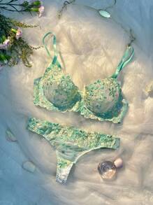 2pcs/Set Pink Romantic Ladies Underwire Lingerie Bra & Panty Set - Green - View 4