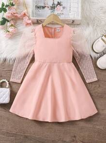 SHEIN Glamorique Kids Vestido de niña de manga abullonada transparente, elegante con lunares, ajustado a la cintura, adecuado para primavera, otoño y verano - Rosa Pálido - Ver 1