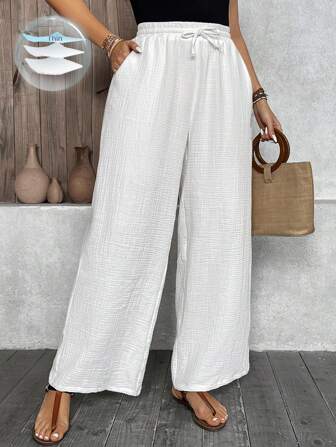 SHEIN LUNE Plus Size Women's Solid Color Drawstring Waist Long Pants Comfortable