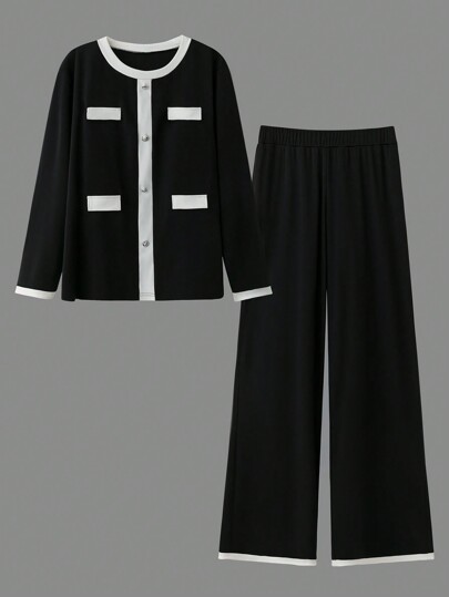 SHEIN LUNE 2-częściowy zestaw w dużym rozmiarze, prosty swobodny top i spodnie, odpowiedni do codziennego noszenia