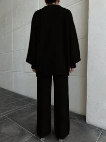 EURMUSE Women Drop Shoulder Button Front Cardigan And Sweater Pant 2 Piece Outfit Set Co-Ords - Black - View 2