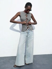 Maija Blusa sin mangas ajustada con cuello redondo y lazo, de color gris, para mujer, para primavera/verano