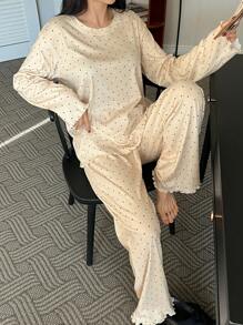 DAZY Polka Dot Print Full Foliage Lettuce Trim Loose Pajama Set, Fall Winter Clothes