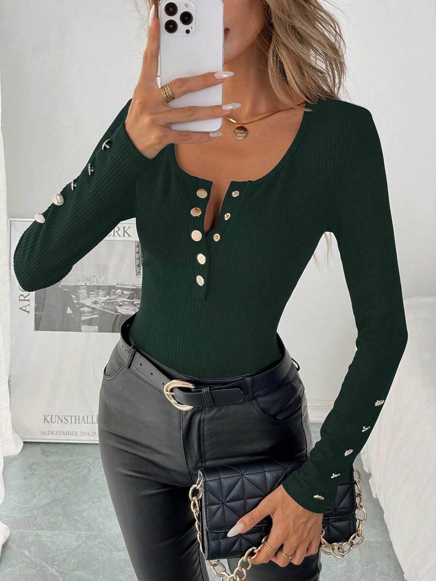 SHEIN Clasi 女式休闲纽扣开襟长袖纯色 T 恤，秋季