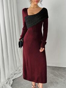 SHEIN Unity Women's Asymmetric Collared Long Sleeve Elegant Sweater Dress, Autumn/Winter Fall Cloth For Women - Burgundy - View 3