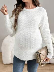 SHEIN Suéter de punto para maternidad, cálido y forrado térmicamente con cuello redondo y manga larga para mujeres embarazadas, otoño/invierno