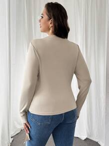 Firerie Plus Size Women's Autumn And Winter Elegant And Comfortable Long-Sleeved Khaki Apricot Three-Dimensional Flower Slim Long-Sleeved T-Shirt