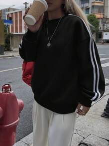 Chiquease 女式休闲百搭圆领宽松撞色侧条纹羊毛运动衫，秋冬 - 黑色 - 查看 1