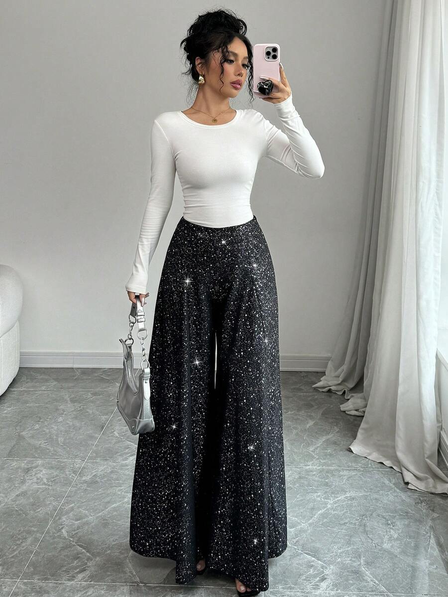 Chiquease Damen glänzende hochtaillierte lässige, vielseitige, gerade Schlaghose, Herbst-Neuheit