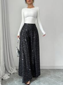 Chiquease Damen glänzende hochtaillierte lässige, vielseitige, gerade Schlaghose, Herbst-Neuheit