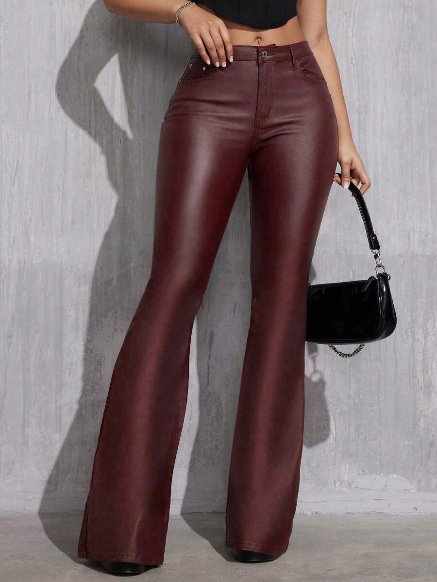 SHEIN Tall Women's Plain PU Leather Flare Pants With Pockets, Fashion' Fall Cloth For Women