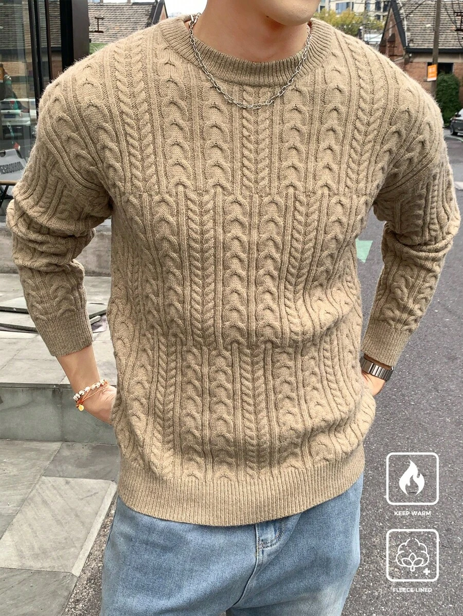 Manfinity CasualKnits 男士纯色圆领毛衣，休闲秋冬 - 橄欖綠 - 查看 1