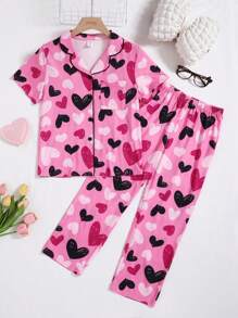 SHEIN Tween Girl Valentine's Day 2pcs Outfit,Cute Pink And Black Heart Print Short Sleeve Shirt And Pajama Pants Set,Summer Sleep Comfortable Sleepwear - Pink - View 6