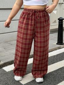 SHEIN EZwear 秋冬季大码棉质系带复古格纹裤 - 紅色 - 查看 5