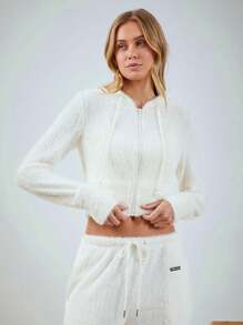 SHEIN EZwear 白色连帽紧身运动衫，简约时尚休闲，适合日常穿着 - 米色 - 查看 5