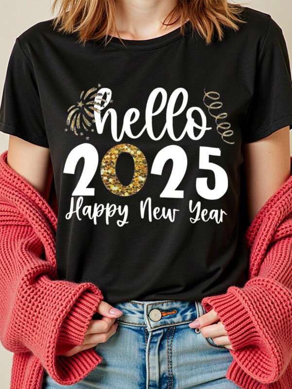 Women's T-Shirt, Spring/Summer, Round Neck Pullover T-Shirt, White Sunshine, Casual, Comfortable Loose Fit, Funny Graphic Print, New Year Vibe, Fireworks Flashing, Glittery Sequins, "2025 HAPPY NEW YEAR", Matching Family Set