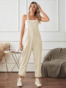 SHEIN LUNE 素色口袋貼布背帶連身褲不附吊帶上衣 - 米色 - 查看 7