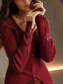 Anewsta Women's Solid Color V-Neck Long Sleeve Button Design Knit Sweater, Autumn/Winter