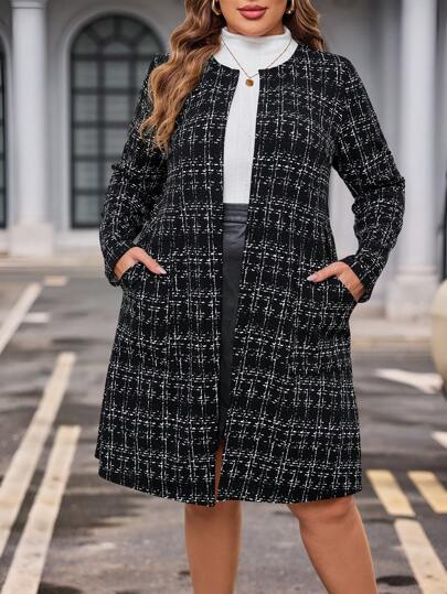 SHEIN Clasi Plus Size Plaid Print Pockets Elegant Commuter Long Sleeve Jacket Winter Fall Autumn