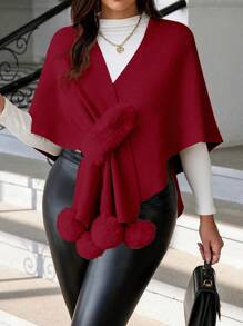 SHEIN Unity Plus Size Women's Knitted Solid Color Fur Trim 3/4 Sleeve Shrug Cardigan, Autumn/Winter - Burgundy - View 7