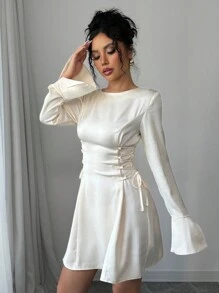 Chiquease Round Neck & Split Bell Sleeve Waist Tie Up Dress Satin Women Outfit Fall Cloth For Women