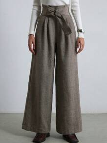 Aveloria Modichic Retro Vintage Chic Commuter Cinched Waist Plaid Wide Leg Pants 