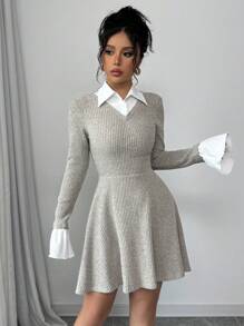 Gloray Vestido de mujer elegante y casual de minimalista, versátil para uso diario, de 2 en 1, de manga larga, corte evasé, cintura elástica, material de terciopelo, unicolor, para otoño/invierno