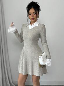 Gloray Vestido de mujer elegante y casual de minimalista, versátil para uso diario, de 2 en 1, de manga larga, corte evasé, cintura elástica, material de terciopelo, unicolor, para otoño/invierno
