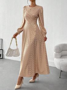SHEIN Clasi 女式秋季箔波浪条纹圆领灯笼袖长款优雅连衣裙长款女装 - 杏色 - 查看 1