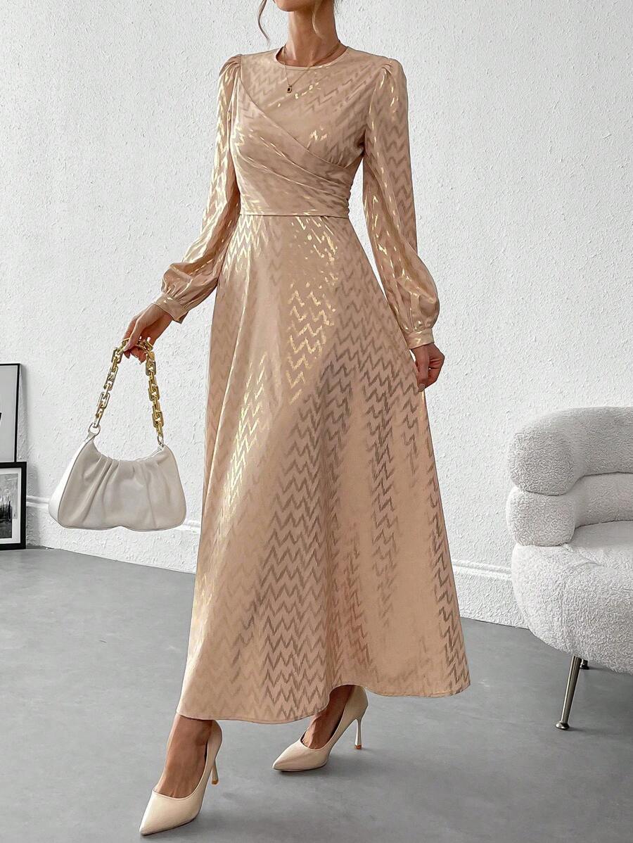 SHEIN Clasi 女式秋季箔波浪条纹圆领灯笼袖长款优雅连衣裙长款女装 - 杏色 - 查看 1