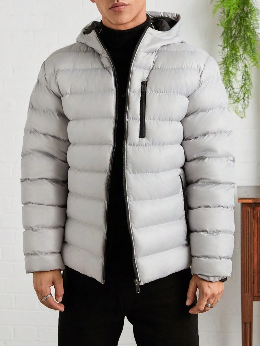 SHEIN Cottnline Men Horizontal Stitch Chest Pocket Hooded Regular Padded Coat - Grey - View 1