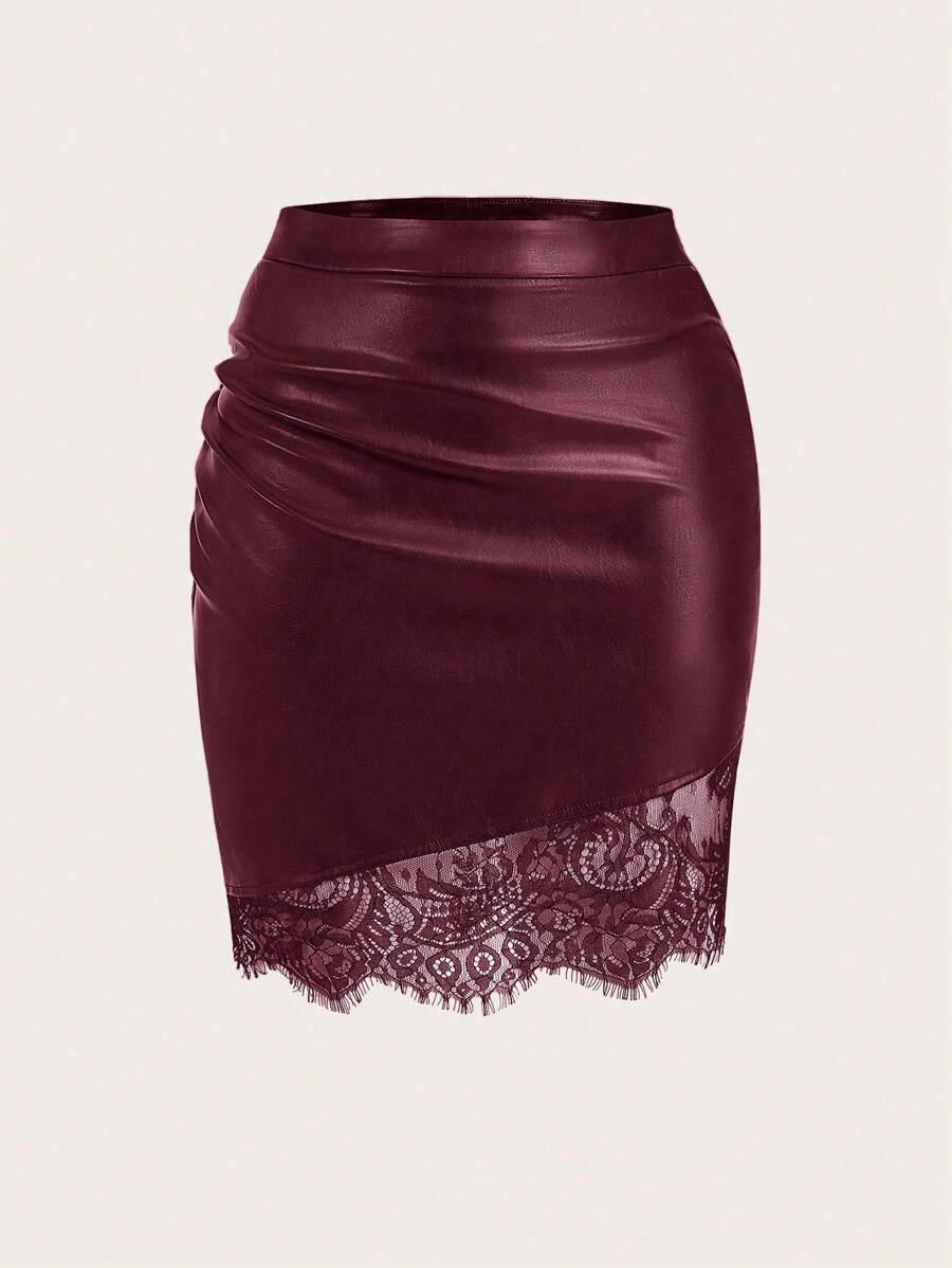 SHEIN Clasi 大码女式褶皱蕾丝和 PU 皮革拼布裙，时尚 - 酒紅色 - 查看 1