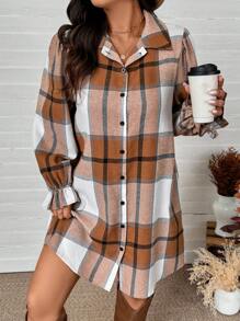 SHEIN LUNE Plus Size Women Kratka Rozkloszowana Rękaw Jednorzędowa Sukienka Koszulowa Na Jesień Strój Na Święto Dziękczynienia Kobiety Nowy Rok Strój Kobiety Zimowe Sukienki Zimowe Ubrania Kobiety Stroje Rave Stroje Wakacyjne Kobiety, Ubrania W Stylu Western Kobiety