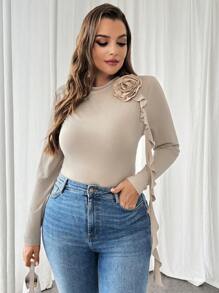 Firerie Plus Size Women's Autumn And Winter Elegant And Comfortable Long-Sleeved Khaki Apricot Three-Dimensional Flower Slim Long-Sleeved T-Shirt