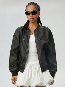 SHEIN EZwear 女式工装皮革拉链水洗垃圾棕色宽松长袖夹克、飞行员夹克，秋冬款 - 鏽棕色 - 查看 4