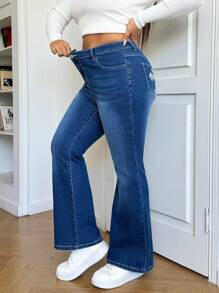 SHEIN PETITE CURVE Frauen Große Größen Blau Jeans Schlaghose mit Kreuz Stickerei Muster - Blau - Übersicht 3