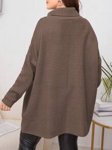SHEIN LUNE Plus Size Solid Color Turtleneck Batwing Sleeve Sweater, Autumn/Winter Knit Pullover Fall - Khaki - View 2