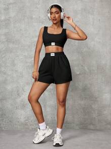 Slayoga Women's Sleeveless Applique Square Collar Top And Elastic Waist Pocket Shorts Sports Set Workout Women Set