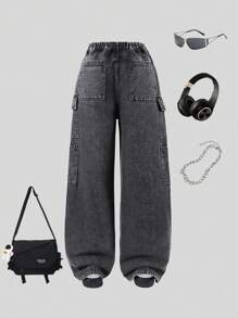 SHEIN Teen Girls Vintage Street Style Loose Relaxed Multi-Pocket Casual Black Baggy Denim Cargo Wide Leg Pants - Black - View 2