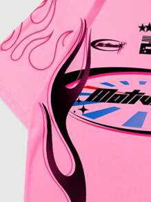 ROMWE MEN Street Life Men's Slogan Printed Short-Sleeve Racing T-Shirt, Suitable For Daily Wear In Spring And Summer, School - Pink - View 5