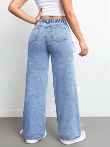 SHEIN Tall Women's Sweet Loose Wide Leg Bow-Knot Blue Y2k Clothes New Years Baggy Jeans, Fall Women Clothes - Medium Wash - View 2