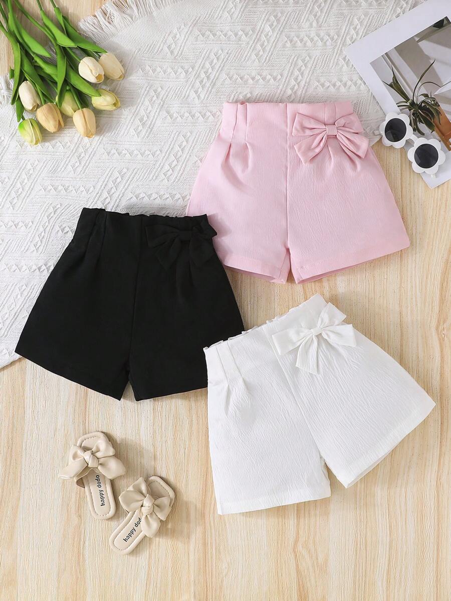Conjunto de 3 piezas de shorts sólidos con decoración de lazo para niñas jóvenes, versátil para deportes al aire libre, verano - Multicolor - Ver 1