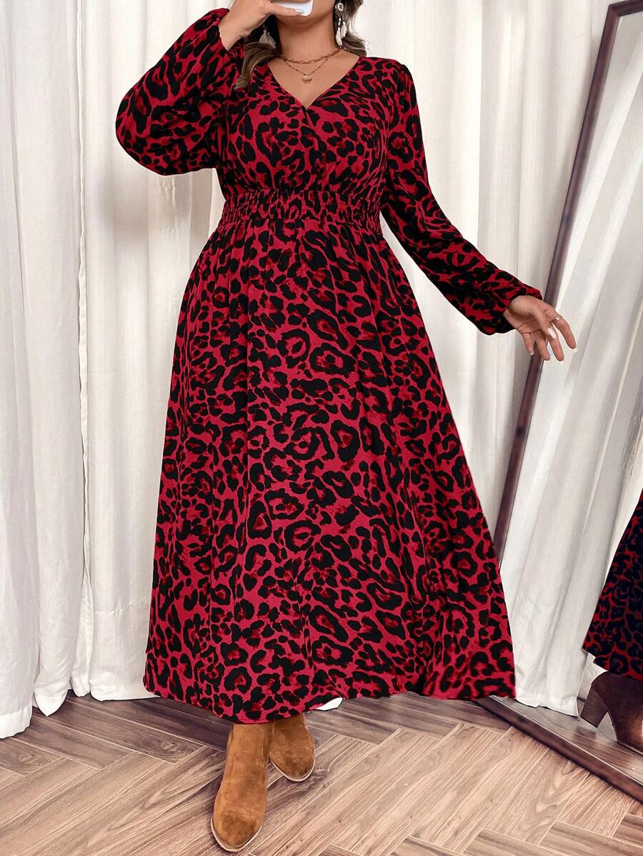 SHEIN VCAY Plus Size Lantern Sleeve V-Neck Leopard Print Dress, Vacation Style