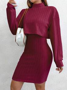 Flirla 2pcs Women Autumn Solid High Neck Drop Shoulder Long Sleeve T-Shirt And Fitted Slip Dress Set For New Year Clothes