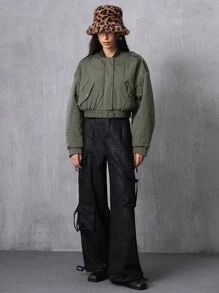 Aveloria Affinna 女士休闲时尚肩带短款飞行员夹克加厚保暖聚酯纤维合成保暖冬季外套冬季夹克夹克，秋冬装加厚加垫外套