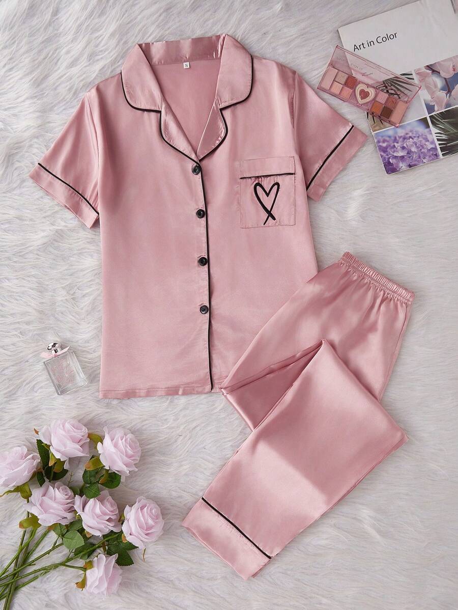LuxeNights 2 件仿丝心形刺绣短袖上衣和裤子睡衣套装：衬衫和裤子，粉色睡衣，舒适优雅细节 - 粉色 - 查看 1